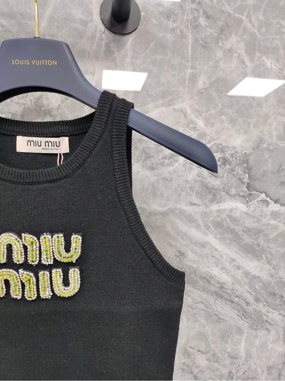 Miu Miu Black Ribbed Tank with Neon Yellow-Green Logo - Picture 3 of 5